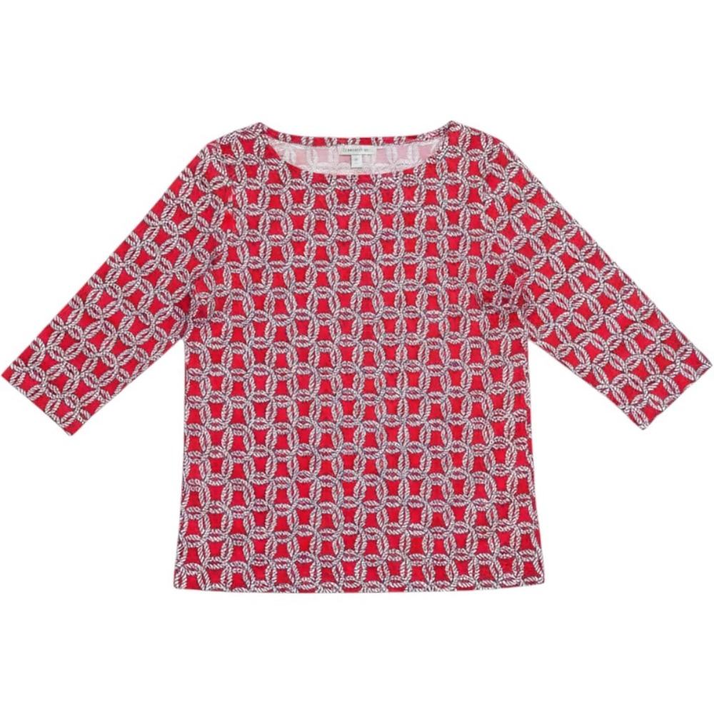 Talbots Woman Size 14 Red White Rope Link Print Pima Cotton 3/4‎ Sleeve Top